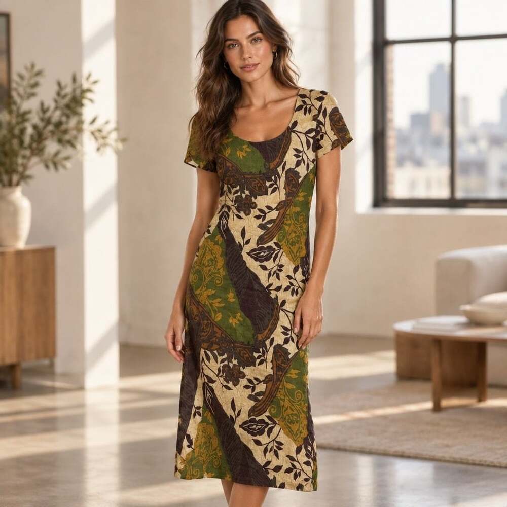 Vintage Jeffrey & Dara Midi Dress Size 10 Green Brown Leaf Print
